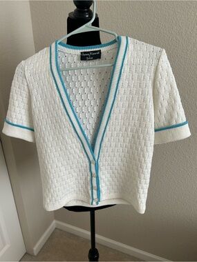 James Kenrob Dalton White Short-Sleeve Pointelle Cardigan with Turquoise Trim